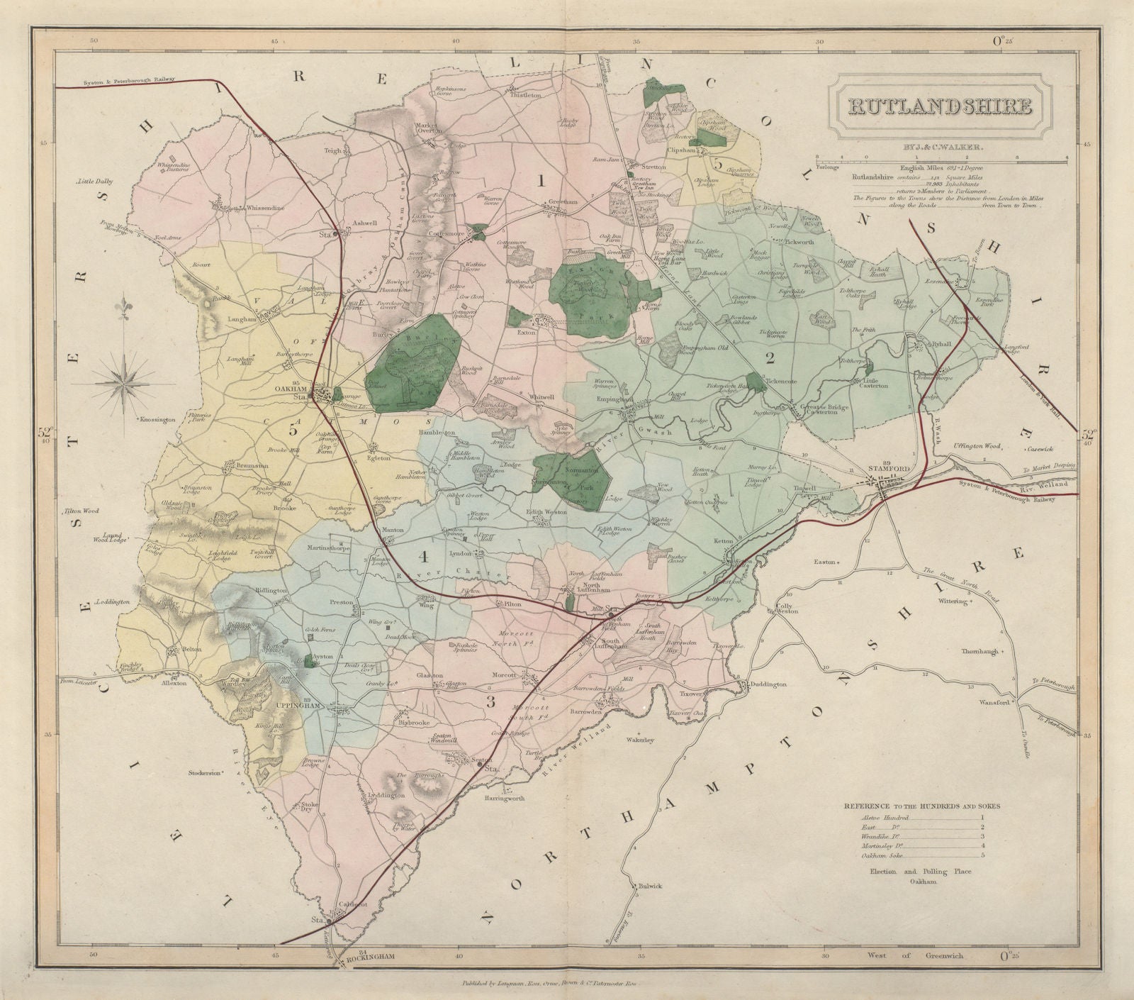 Rutlandshire antique county map by J & C Walker. Railways & boroughs 1868